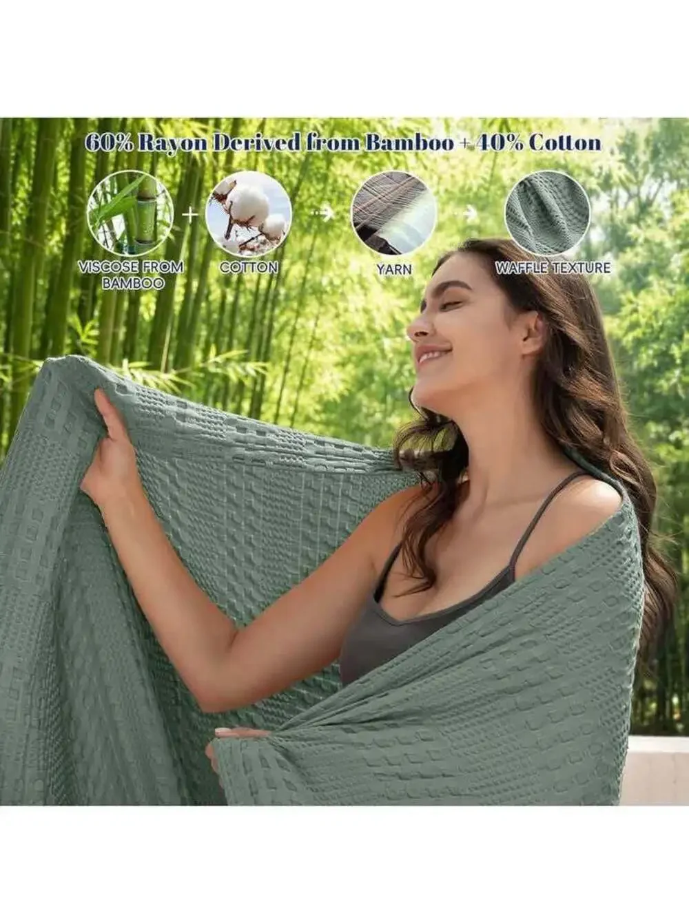 Cooling Waffle Blanket, Twin Size, Sage Slate, Bamboo & Cotton, New in Box